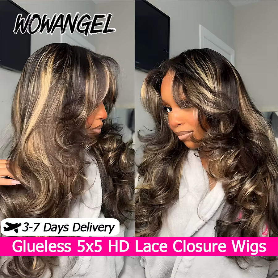 WOWANGEL Perruque Blonde Ondulée 1B/27 avec Mèches, Sans Colle, Fermeture en Dentelle HD 5x5, 100% C