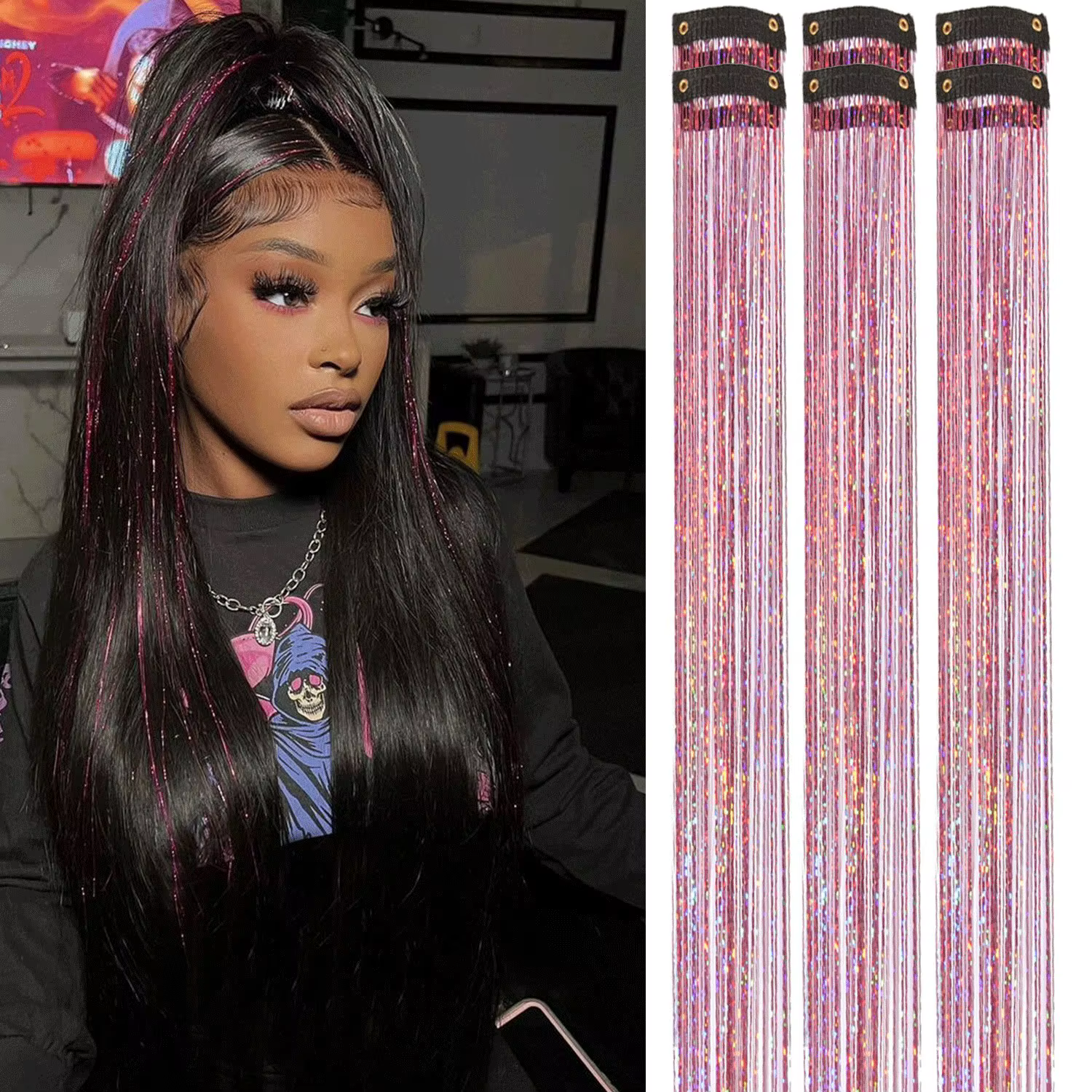 Pince à cheveux synthétique 6/12Pas, 20 pouces, paillettes, Kit de guirlandes, résistant à la chaleu