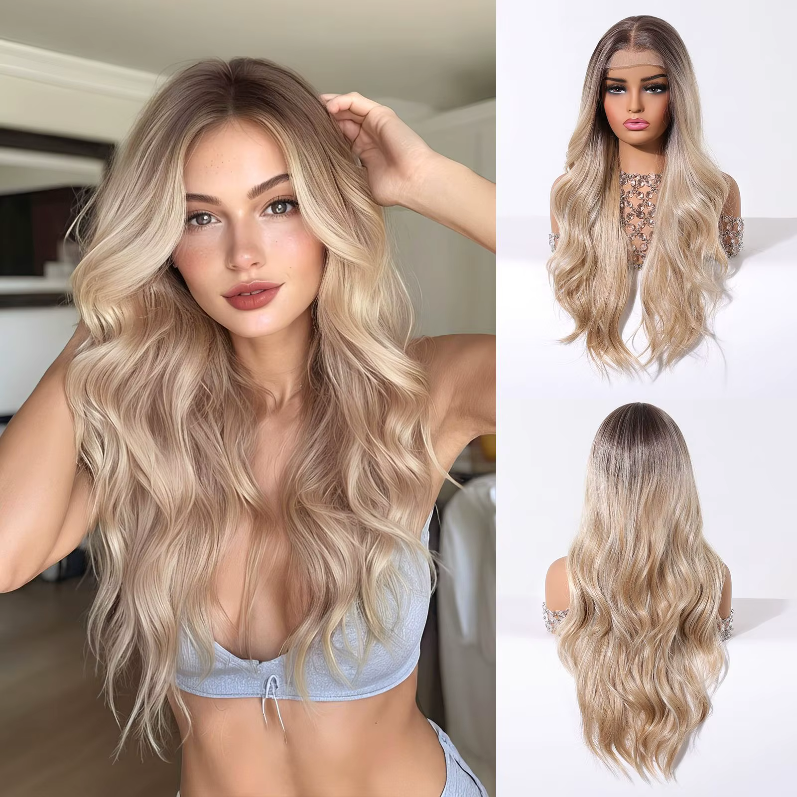 DWY – perruque Lace Front Wig synthétique à reflets bruns et blonds, longue et ondulée, 13x6, avec r