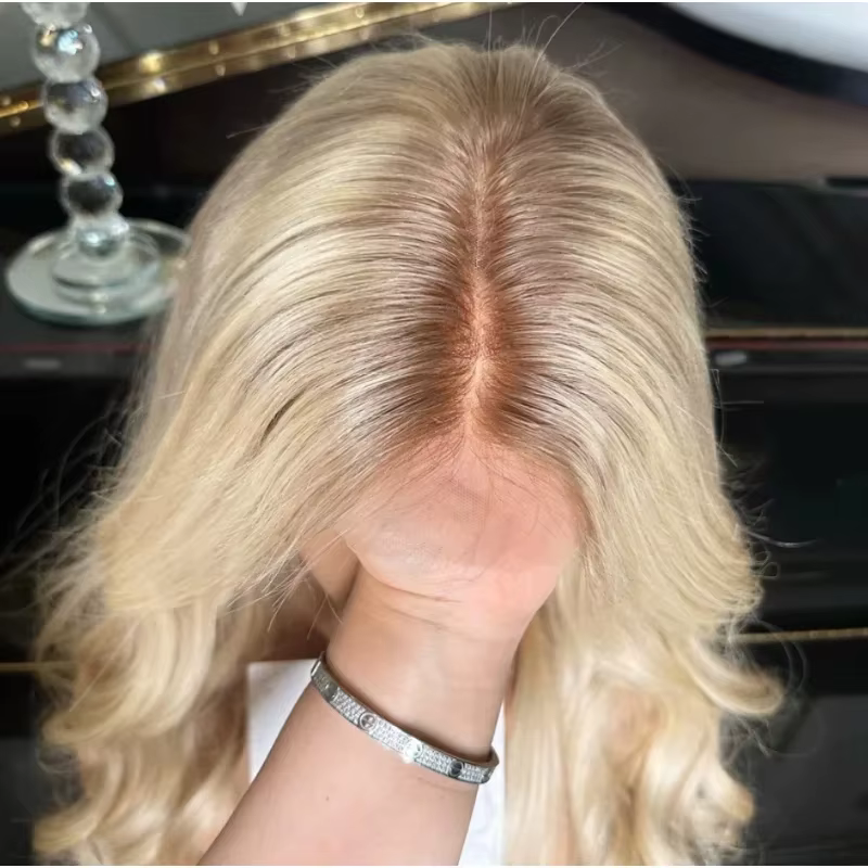 Perruque synthétique HD Lace Front 13x4, longue, ondulée profonde, avec balayage blond doré ombré, q