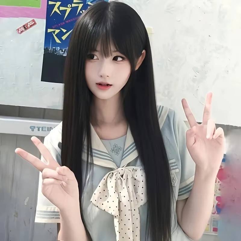 Perruque synthétique mode 26 pouces - cheveux longs et raides noirs - cheveux cosplay Halloween - pe