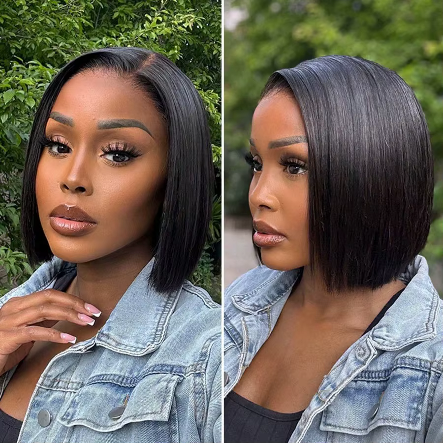 Perruque Bob Courte 220% Densité, 14 Pouces, Cheveux Humains Lisses Baguette, Perruques Lace Front H