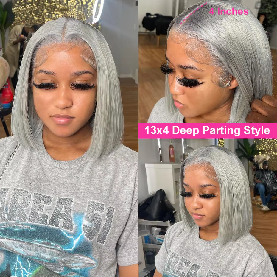Perruque Bob Lace Front Wig naturelle lisse, couleur grise argentée, 13x4 HD, cheveux humains, 10 12