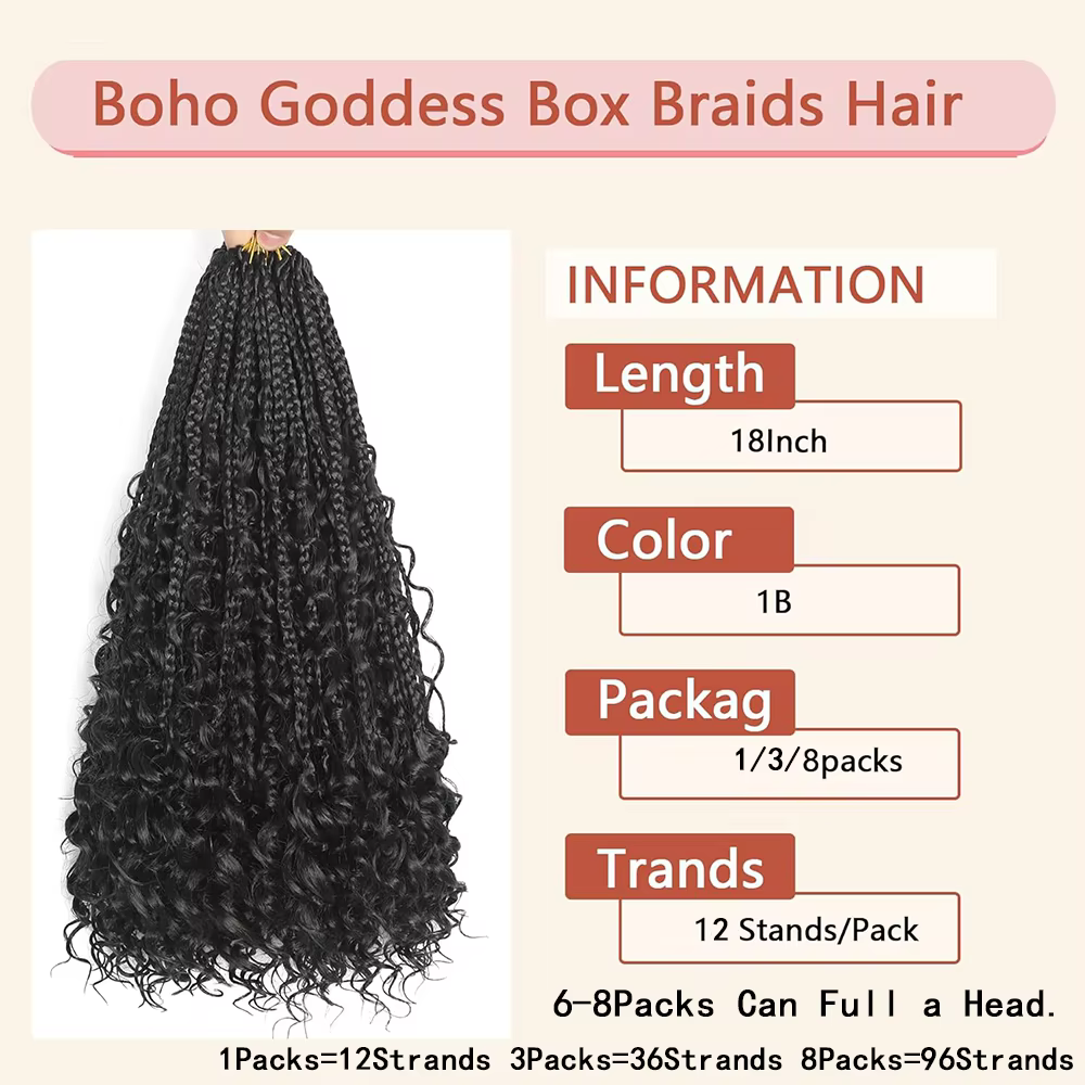 14/18/24 pouces déesse boîte tresses Crochet cheveux pré-bouclés Boho Crochet boîte tresses avec ext