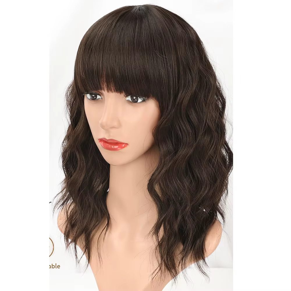 Perruque Synthétique Bouclée et Ondulée avec Frange pour Femme, Cheveux Bruns Naturels