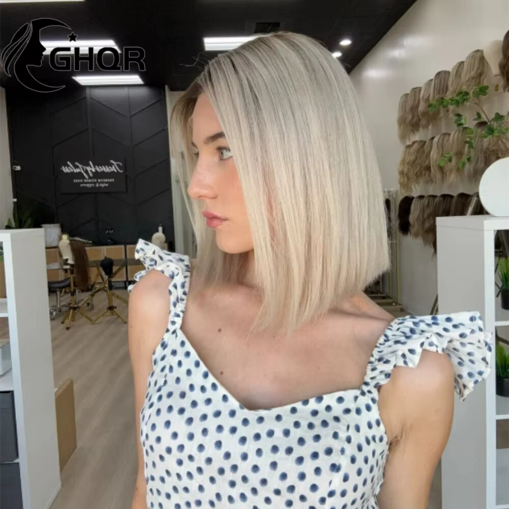 Perruques de cheveux humains Bob blond platine racines foncées dentelle transparente avant couleur d