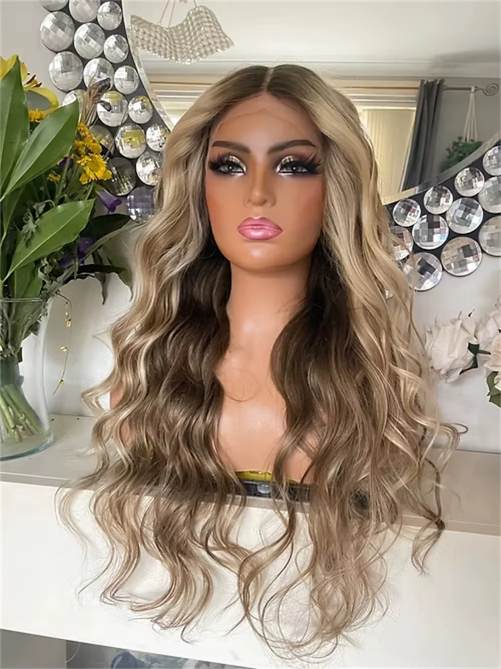 Perruque Lace Front Synthétique Ondulée Longue de 24 Pouces, Ombrée Blonde, Sans Colle, Pré-Pluckée