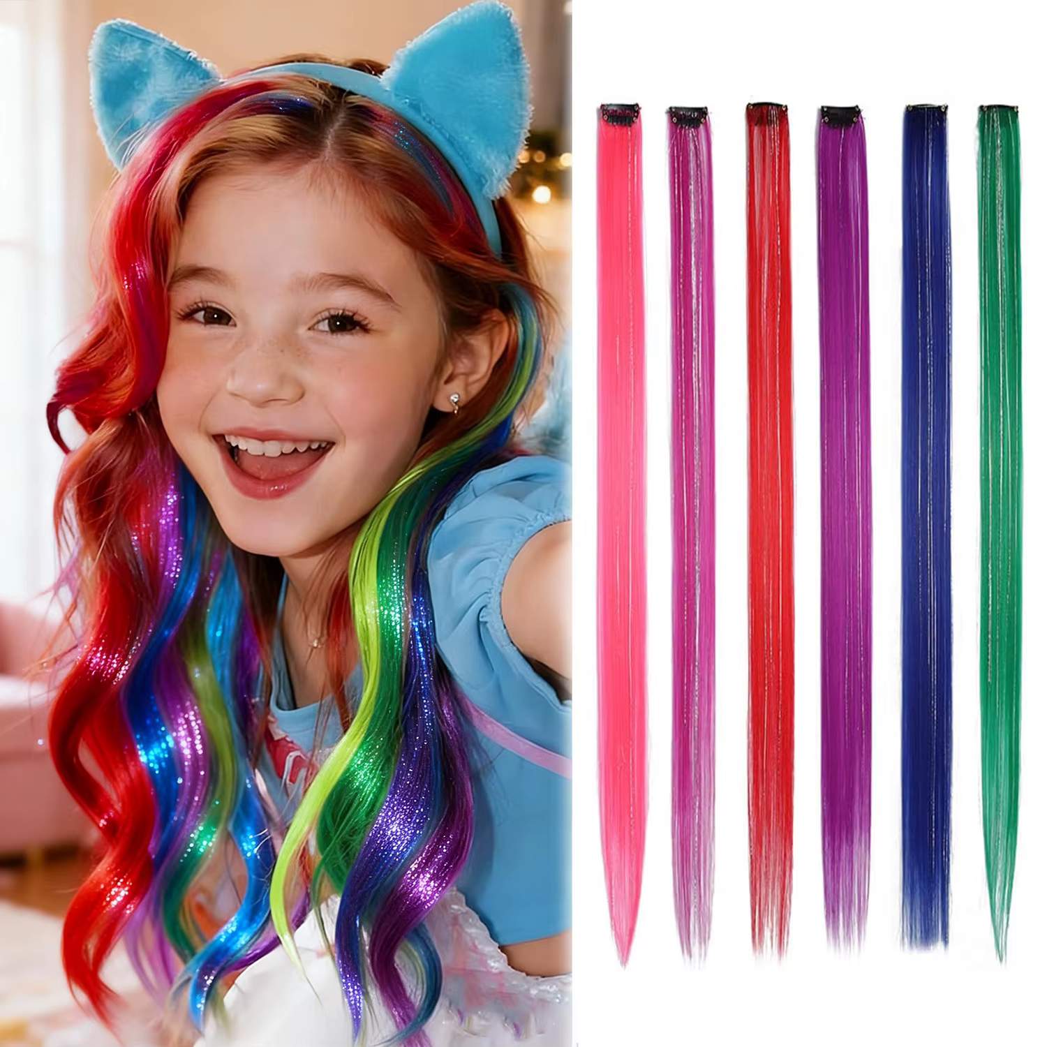 Extensions capillaires synthétiques à clips pour filles, postiches synthétiques lisses arc-en-ciel m
