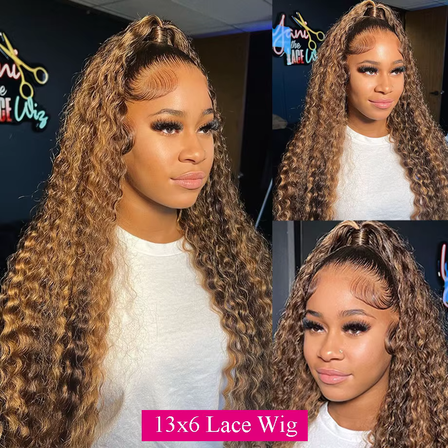 Perruque Lace Wig brésilienne bouclée ondulée, cheveux humains ombré HD, 13x6, à reflets, 13x4, pour