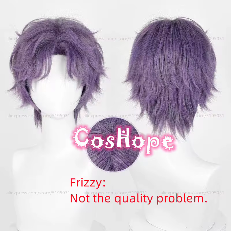 Rafayel Cosplay perruque 30 cm courte violet gris perruque crépus cuir chevelu perruque Cosplay Anim
