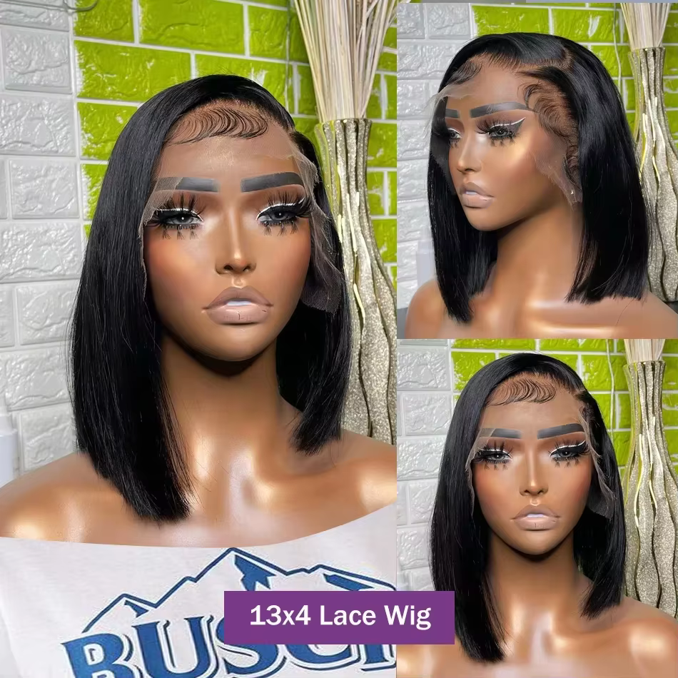 Perruque Bob Lace Front Wig 13x4, cheveux courts et lisses, 4x4, Transparent, densité 200%, 100% che