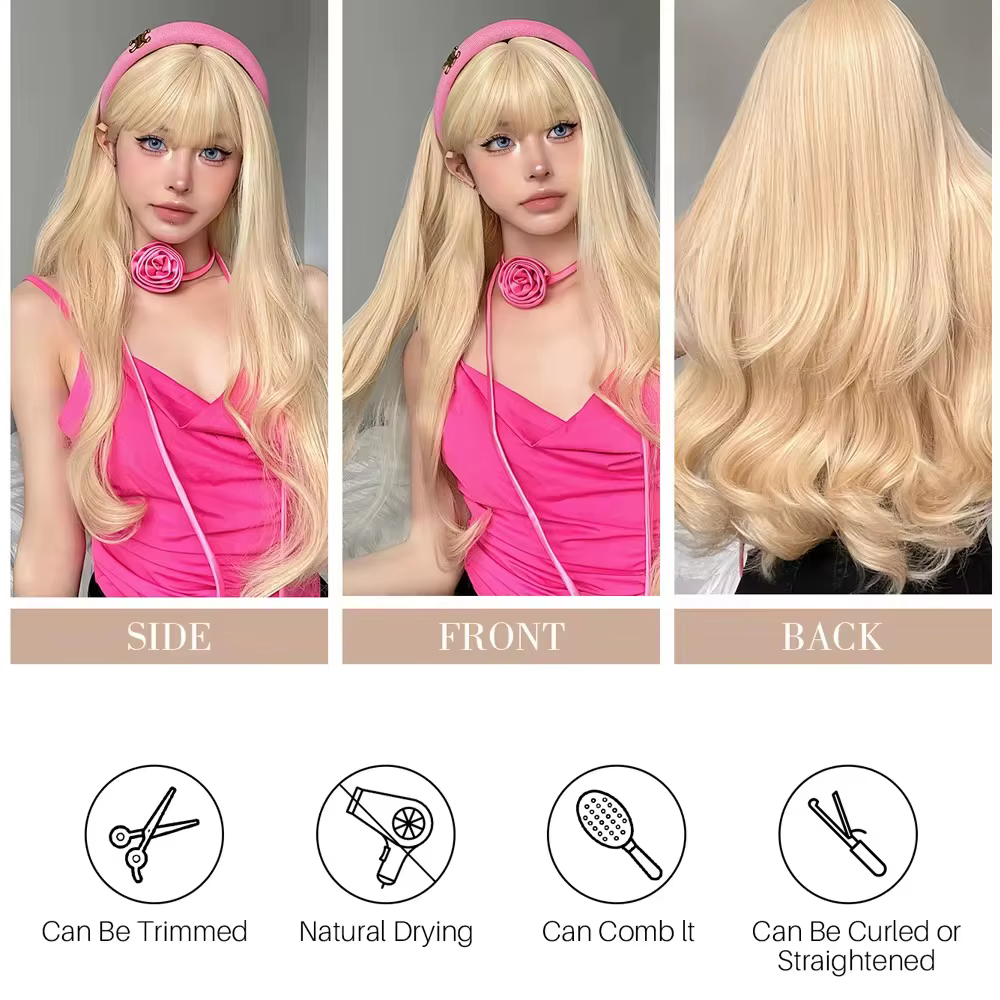 GEMMA-Perruques Synthétiques Ondulées avec Frange pour Femme, Perruque Longue, Blond Clair, Vague Na