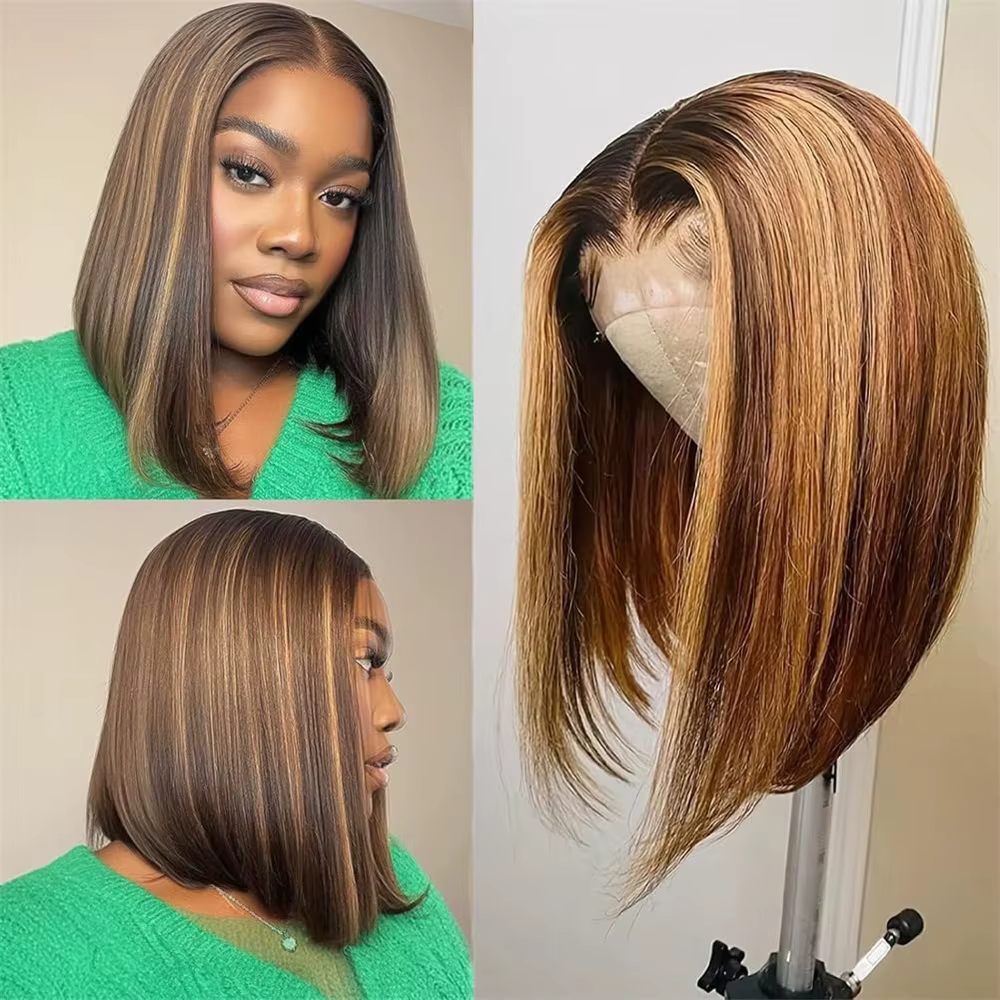 Perruque Bob Lace Front 13x4 en Cheveux Humains, Lisse, Blond Miel P4/27, Pré-épilée avec Baby Hair