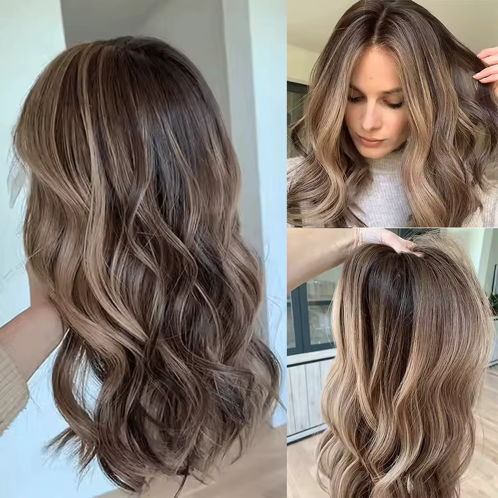Perruque Lace Front Synthétique Transparente 13x4 Marron Foncé avec Mèches Blondes, Sans Colle, Styl