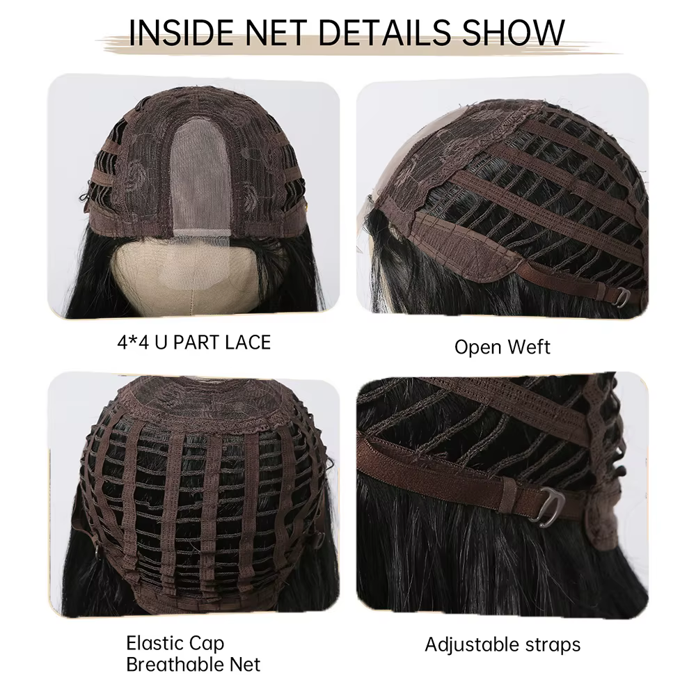 Perruque Lace Front Wig synthétique lisse et longue, perruque avec raie centrale naturelle, brune et