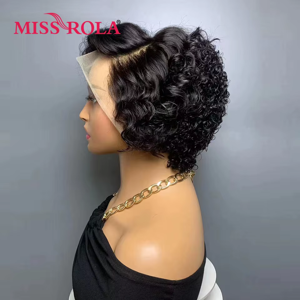 Miss Rola-Perruque Brésilienne Bouclée, Cheveux Naturels Remy, Coupe Pixie, Balayage Noir 99J, 13x4,