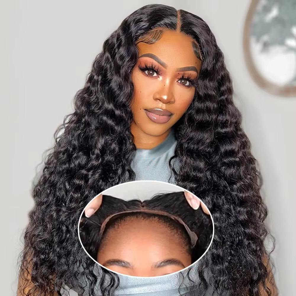 7x6 vague profonde cheveux humains pré plumé bouclés couleur noire naturelle perruques sans colle pe