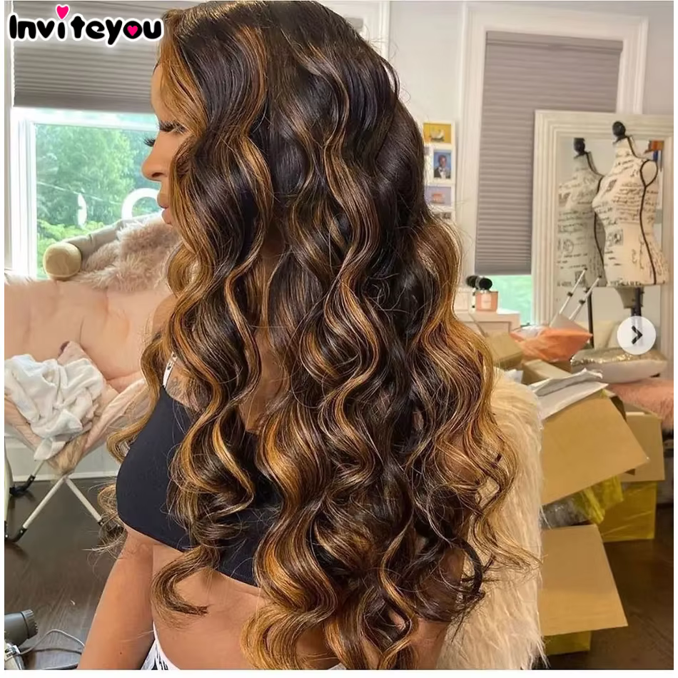 Perruque Lace Frontale 13x4 13x6 HD Highlight Body Wave pour Femme, Cheveux Humains Remy Ombrés P4/2
