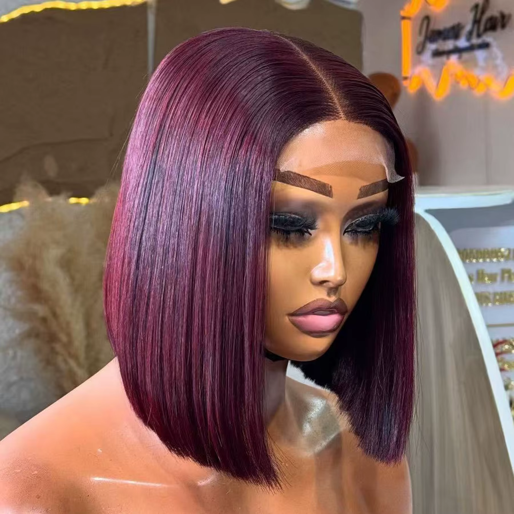 Perruque Bob Lace Frontal Wig sans colle, cheveux courts, coupe émoussée, soyeux, lisses, couleur ro