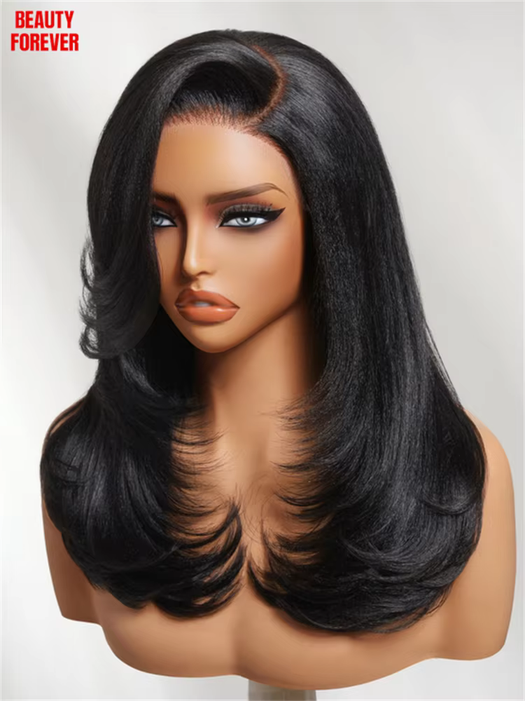 Perruque Beautyforever à franges latérales, lisse Yaki, sans colle, 100% cheveux humains, perruque e