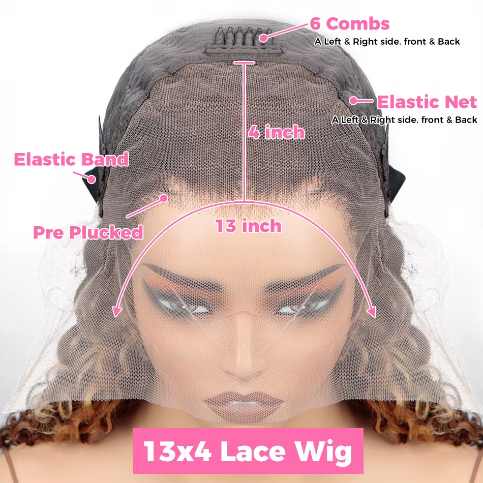 Perruque Lace Front Wig Naturelle Bouclée, Cheveux Humains, Deep Water Wave, 13x4, à Reflets Brun Mi