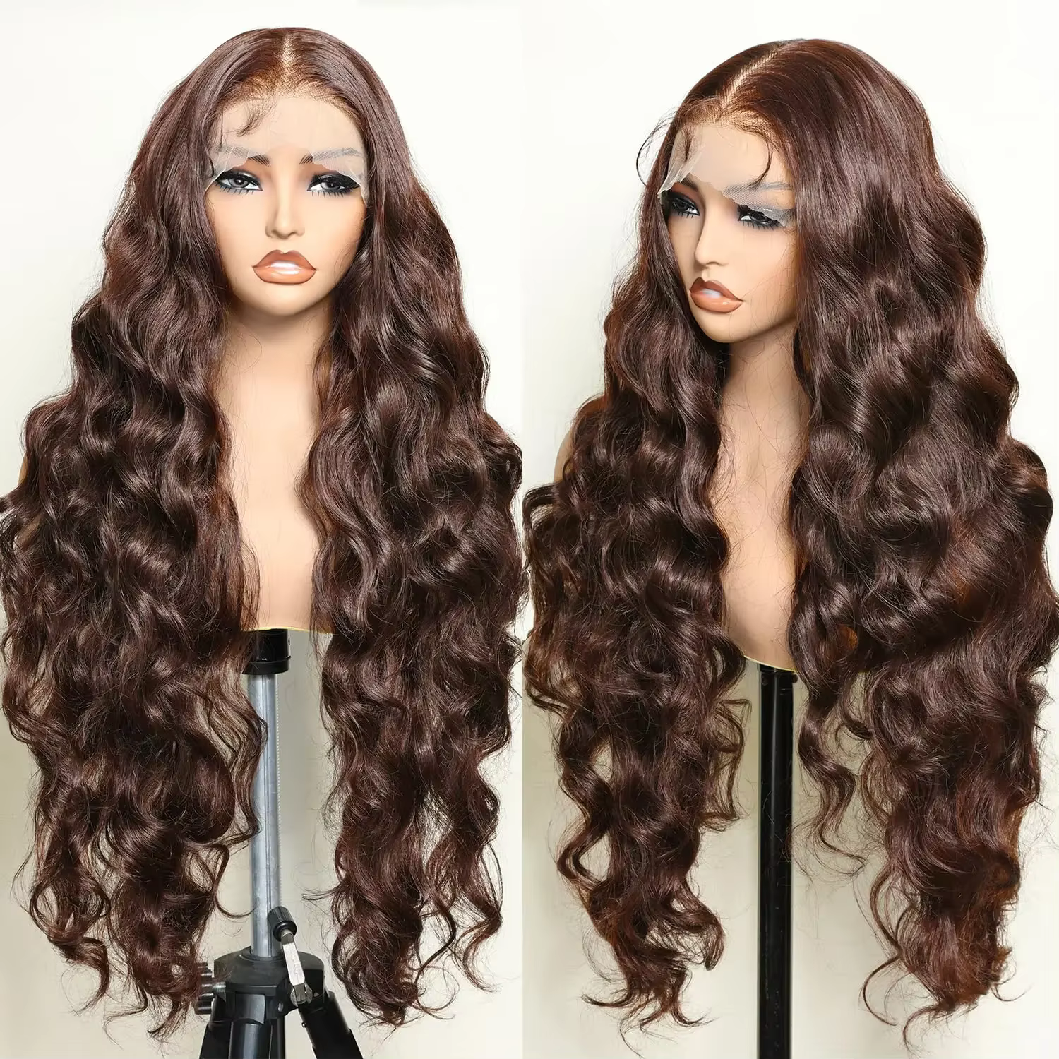 Perruque Lace Frontale HD 13x4 13x6 en Cheveux Humains, Ondulée, Marron Chocolat, Densité 200%, 30-3
