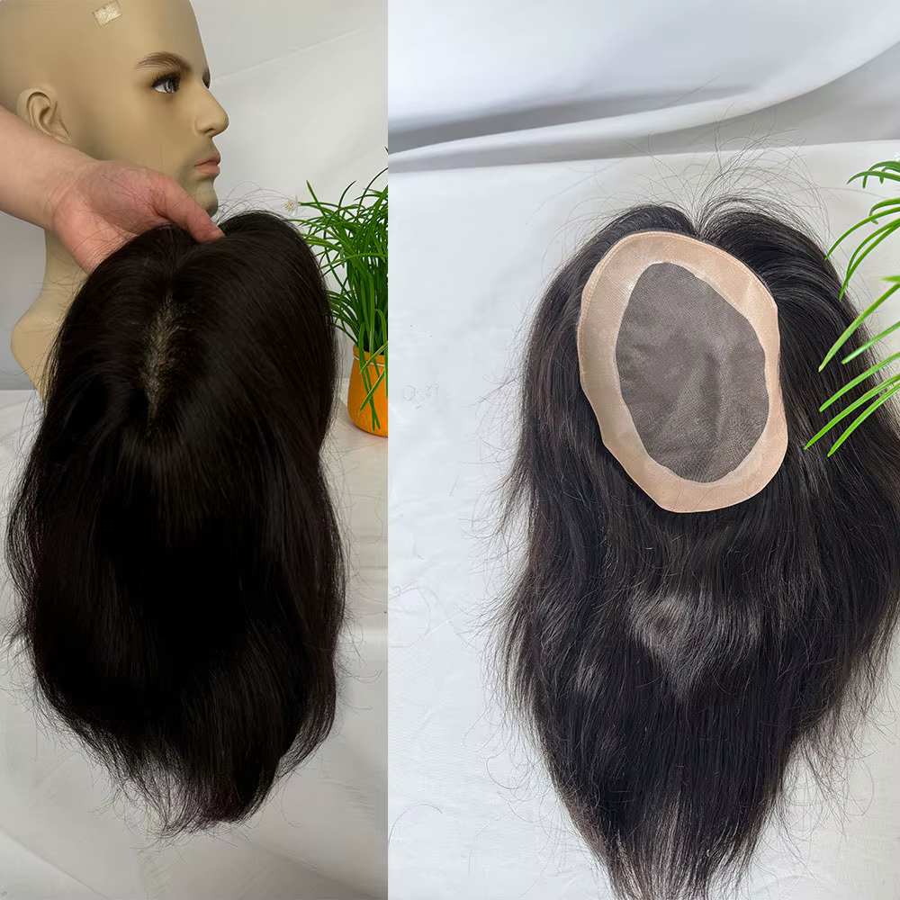Perruque indienne en cheveux humains pour hommes, lisse, mono lace avec PU 6x8 pouces, couleur natur