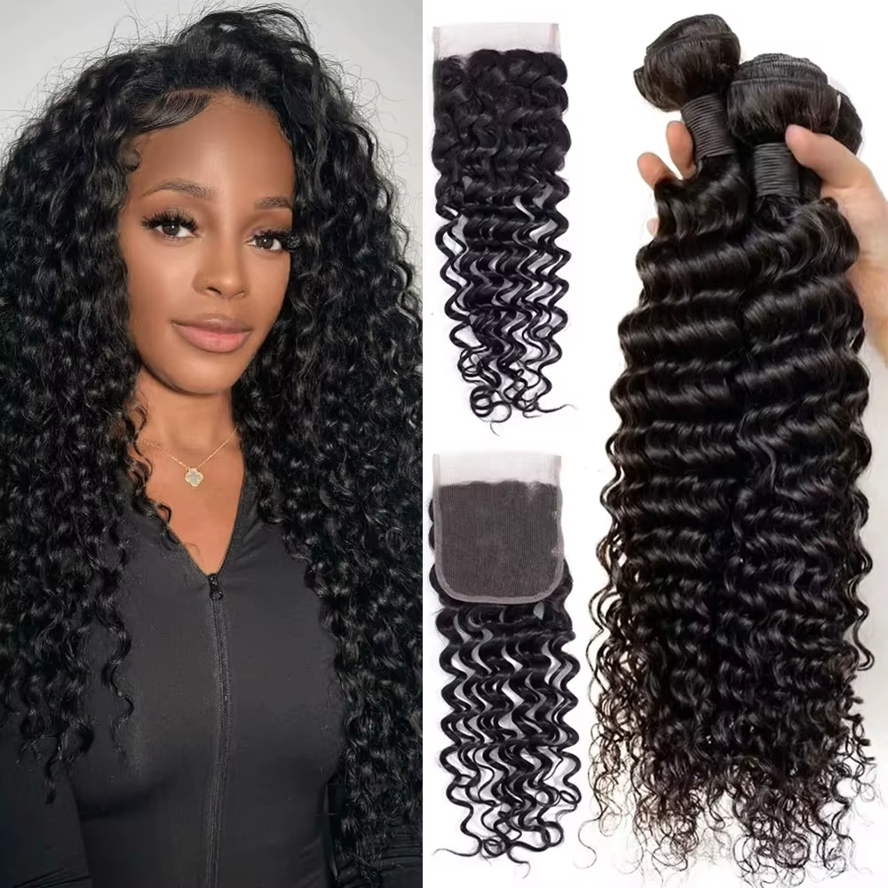 Deep Wave Mèches Avec Closures Deep Wave Tissage Avec Closure 4x4 Closure Tissage Bresilien Deep Cur