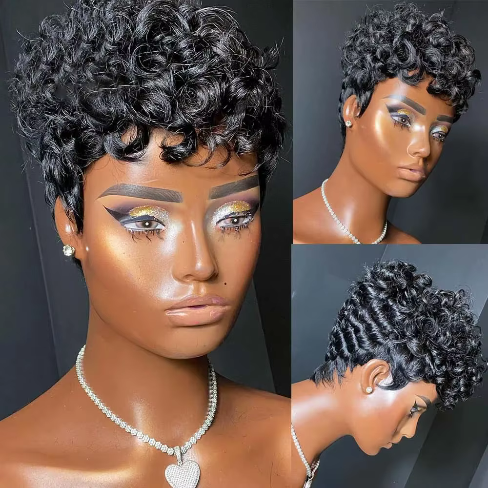 Hort Pixie perruques pour les femmes noires courtes noires bouclés Pixie perruques cheveux synthétiq