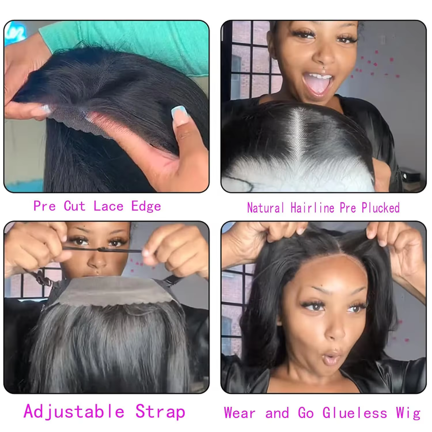 Perruque brésilienne sans colle, cheveux humains lisses, pré-coupés, sans colle, prêtes à porter, pr