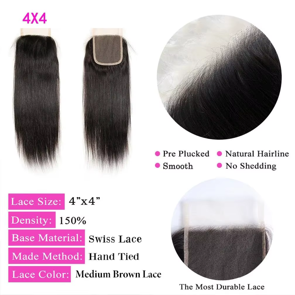 Extensions de cheveux humains brésiliens lisses, 3 mèches avec closure HD 4x4 pré-épilée, couleur no