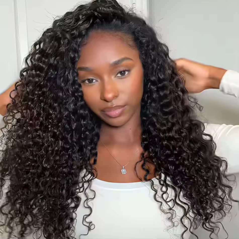 Perruque mi-tête Water Wave 3-en-1 en cheveux humains, sans colle, prête à porter, avec cordon de se