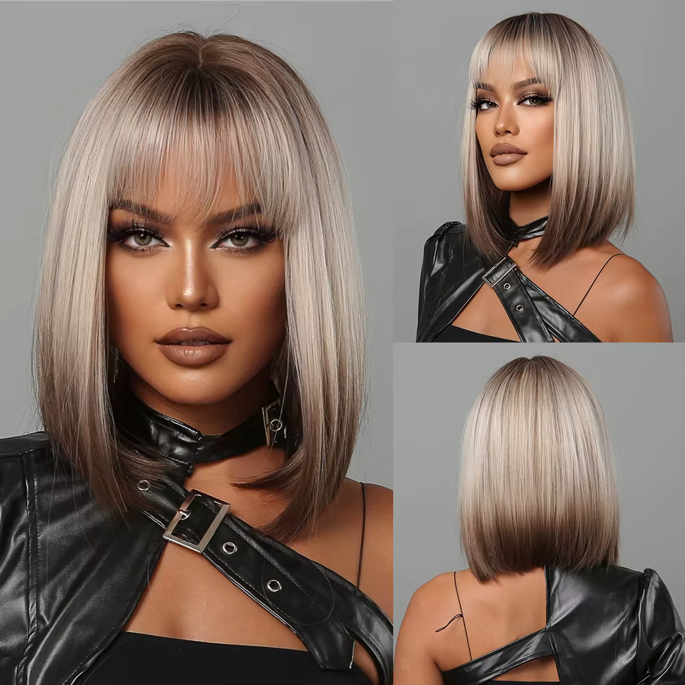 Perruques synthétiques courtes et lisses pour femmes, perruques Bob ombrées blondes à brunes avec fr