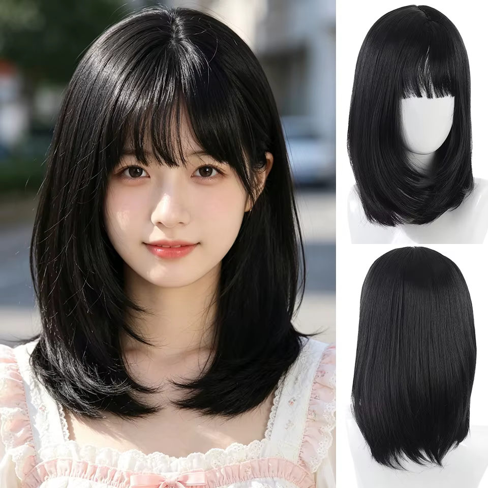 Perruque synthétique haut de gamme pour femme, cheveux pleins, effet naturel, avec frange française,