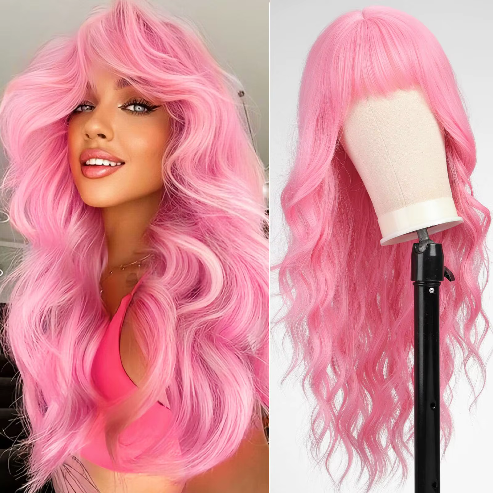 Perruque synthétique rose à grandes boucles pour Halloween, cosplay, jeux de rôle, fêtes quotidienne