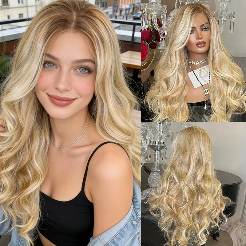 Perruque synthétique HD Lace Front 13x4, longue, ondulée profonde, avec balayage blond doré ombré, q