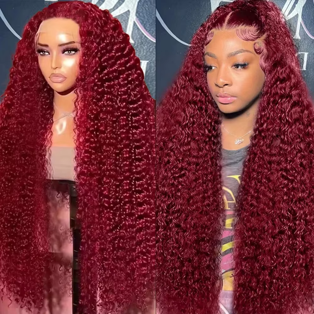 Perruque Lace Frontal Wig naturelle bouclée, cheveux humains, Deep Wave 99J, bordeaux, 13x4, HD, vin
