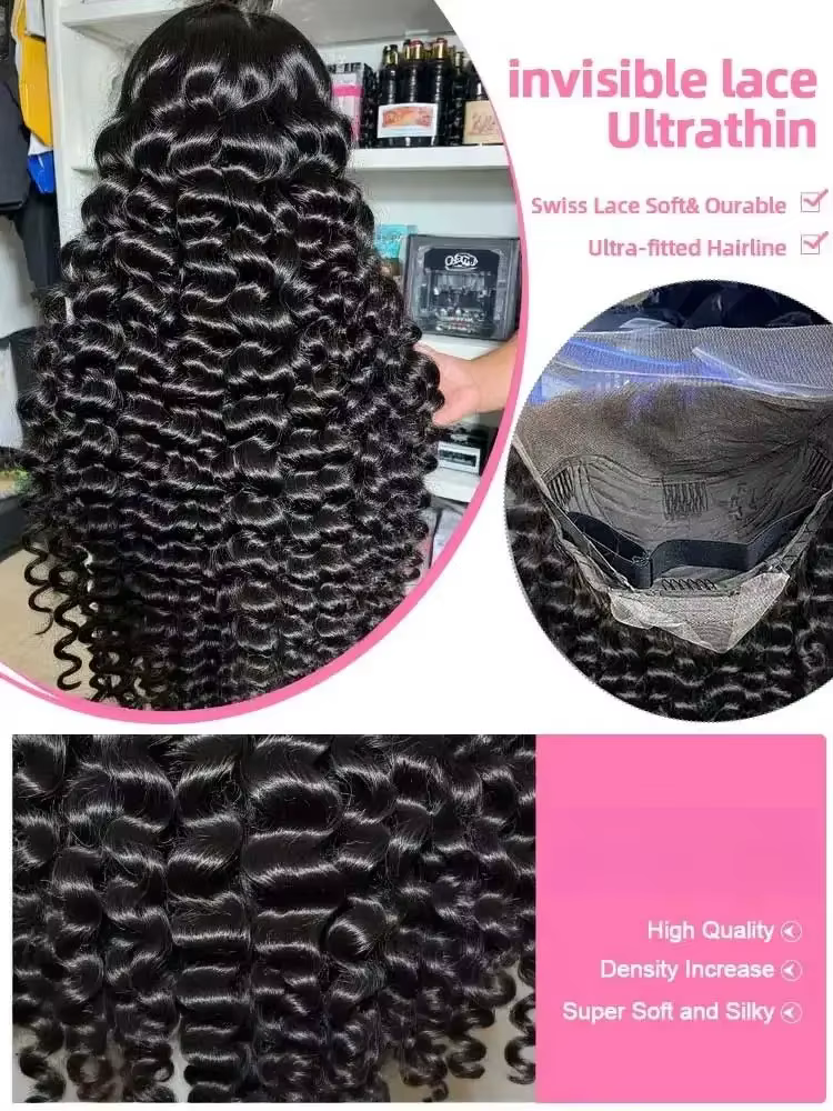 Perruque frontale en dentelle HD 13x6 de 42 pouces, densité 250, cheveux humains ondulés profonds, p