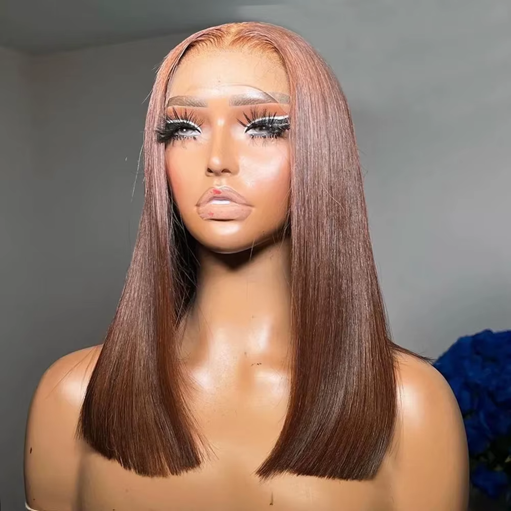 Perruque Lace Front 13x4 Bob Cheveux Humains Bruns Lisses Densité 180% Perruques Frontales en Dentel