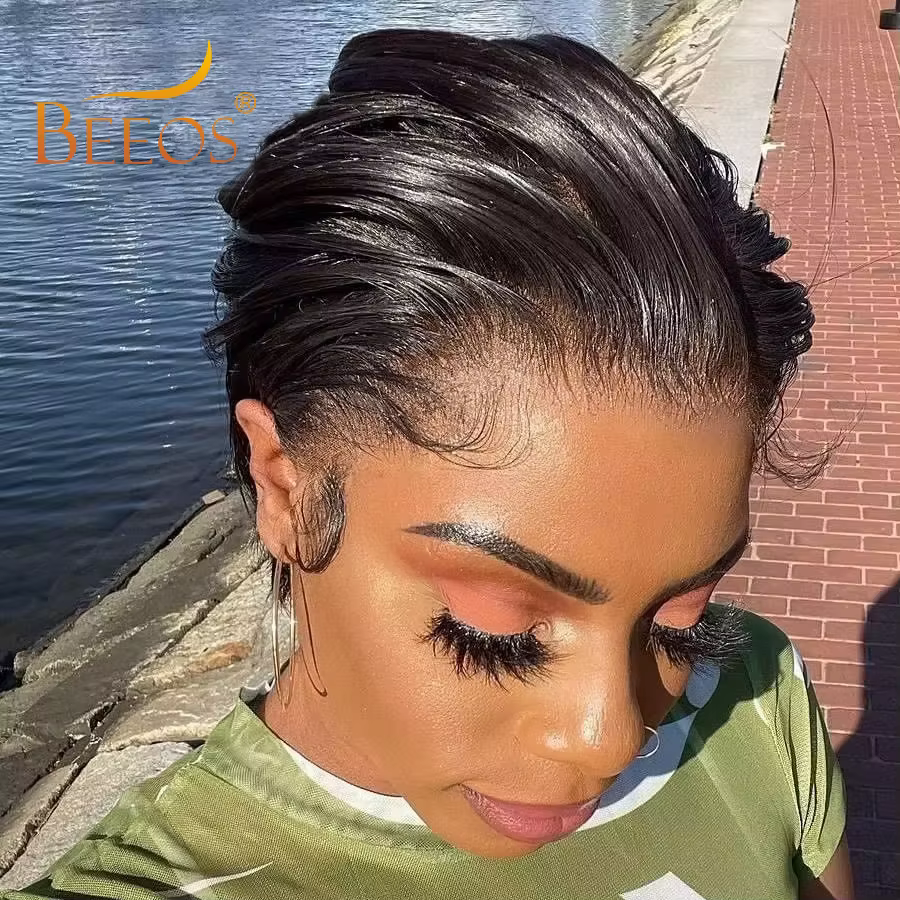 BEEOS-Perruque Lace Front Wig Brésilienne Naturelle, Cheveux Humains, Coupe Pixie, Pre-Plucked, 13x4
