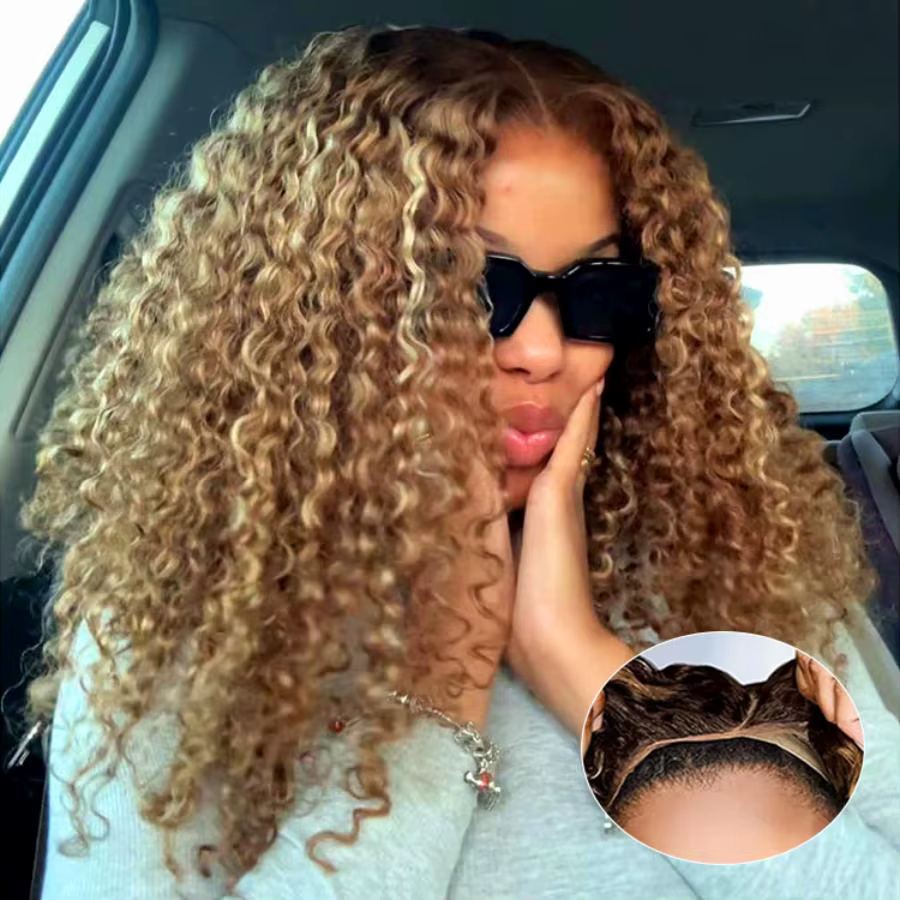 Perruques sans colle en cheveux humains blond miel à ondulations profondes, pré-coupées, avec mèches