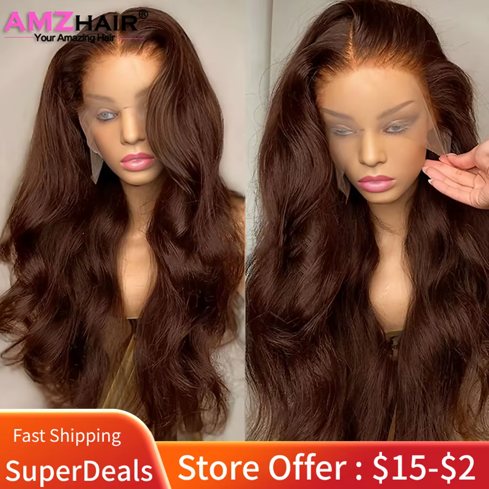 Perruques AMZhair Châtain Chocolat Cheveux Humains Ondulés Dentelle Transparente HD Perruque Frontal