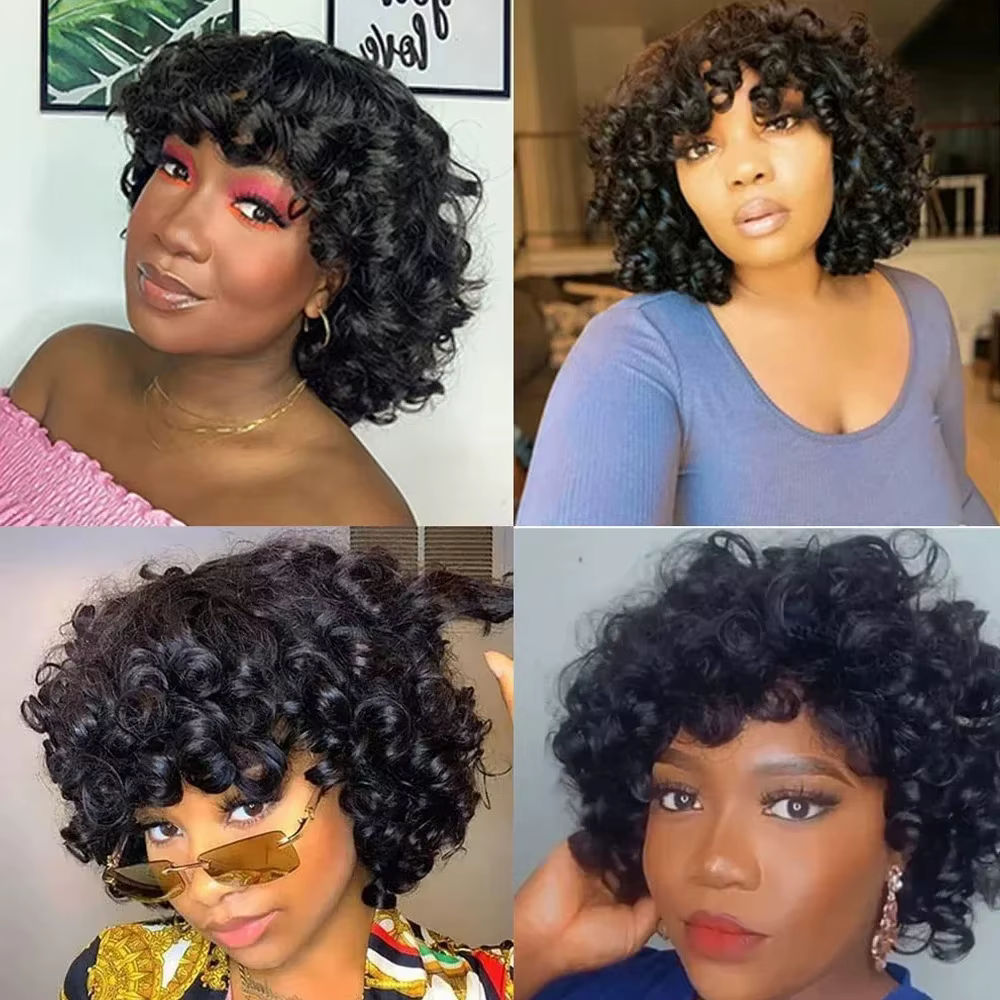 300% haute densité oeuf Curl coupe lutin perruque cheveux humains avec frange vague d'eau courte Bob
