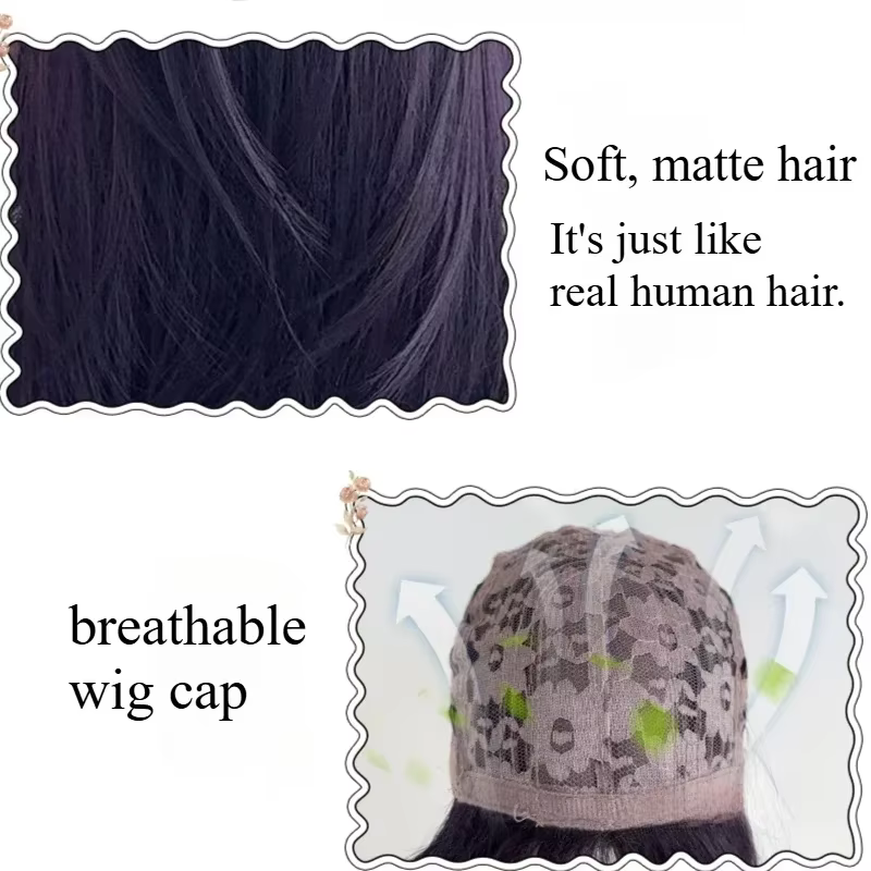 Ashely Perruque violet foncé femme 22 pouces cheveux longs rideau frange couches Nature cheveux raid