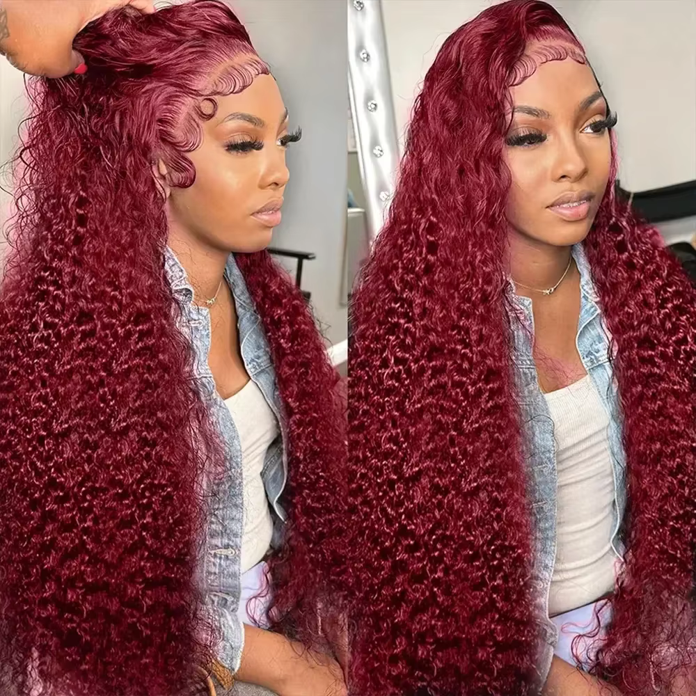 Perruques Lace Frontal 13x6 Deep Curly Wave Bourgogne 99J, Densité 200, Perruque Full Lace Front HD 