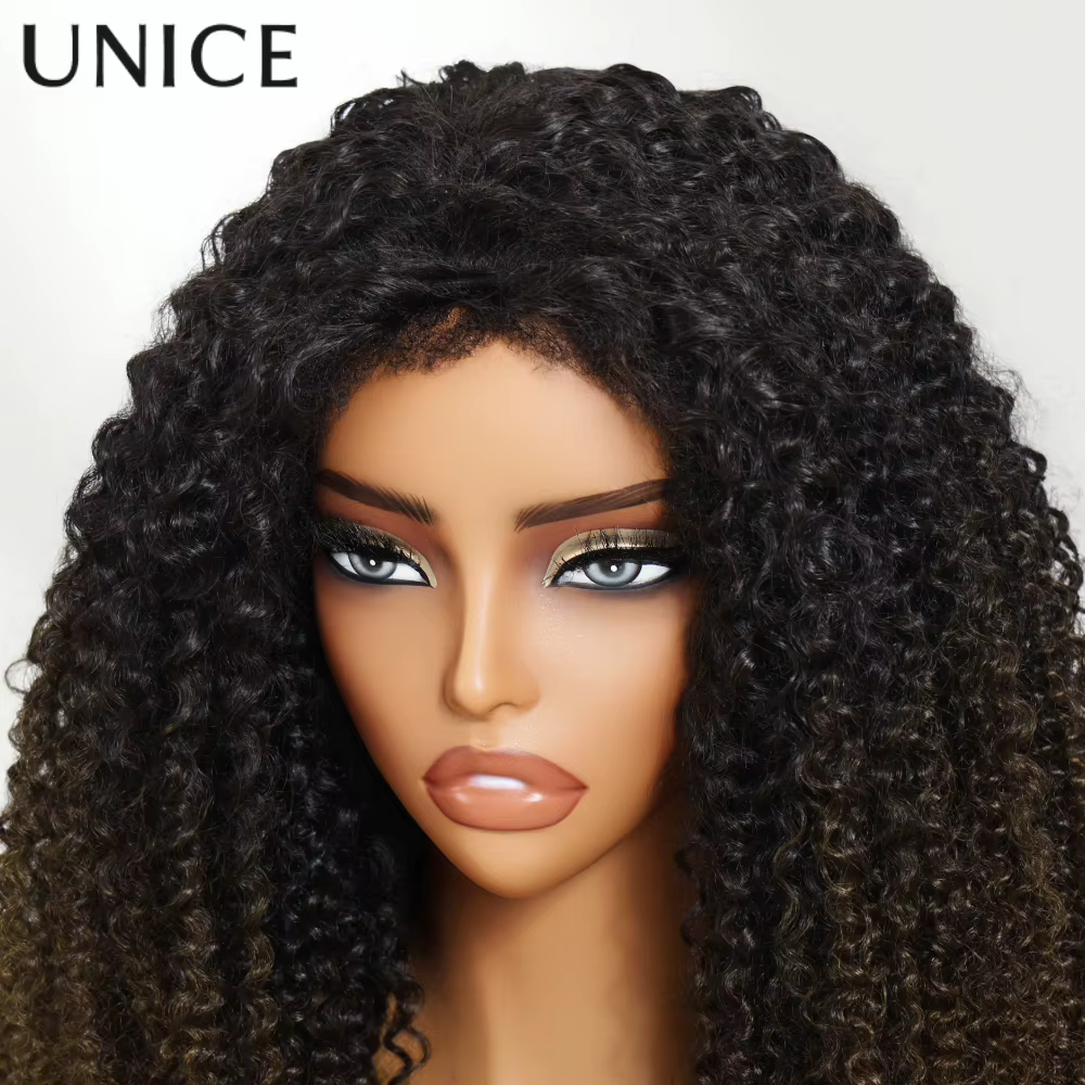 UNice cheveux châtain brun ombré crépus bouclés demi perruques avec bords 4C et cordon invisible 100