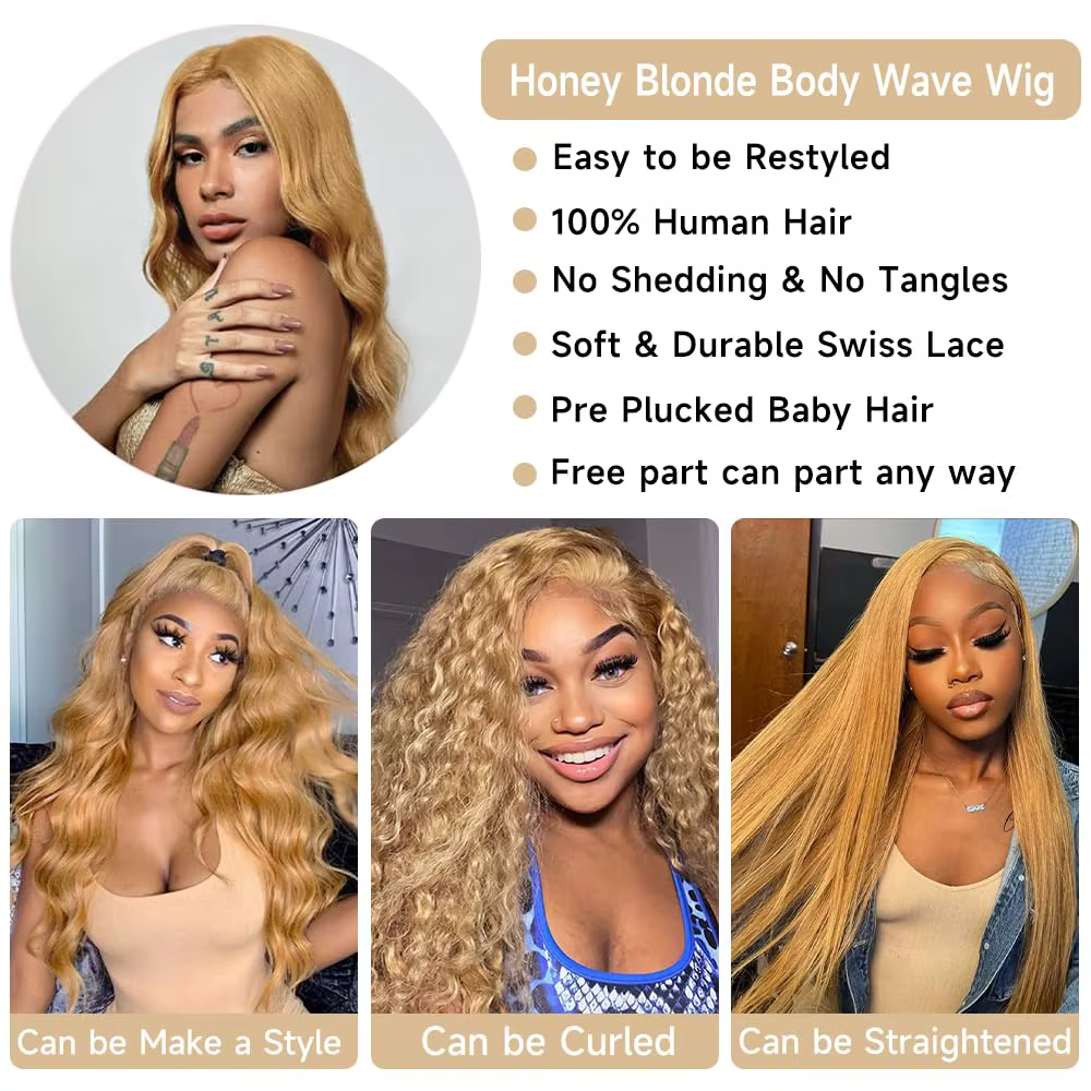 Perruque de cheveux humains avant de dentelle blond miel 13x6 HD 210% densité vague de corps perruqu