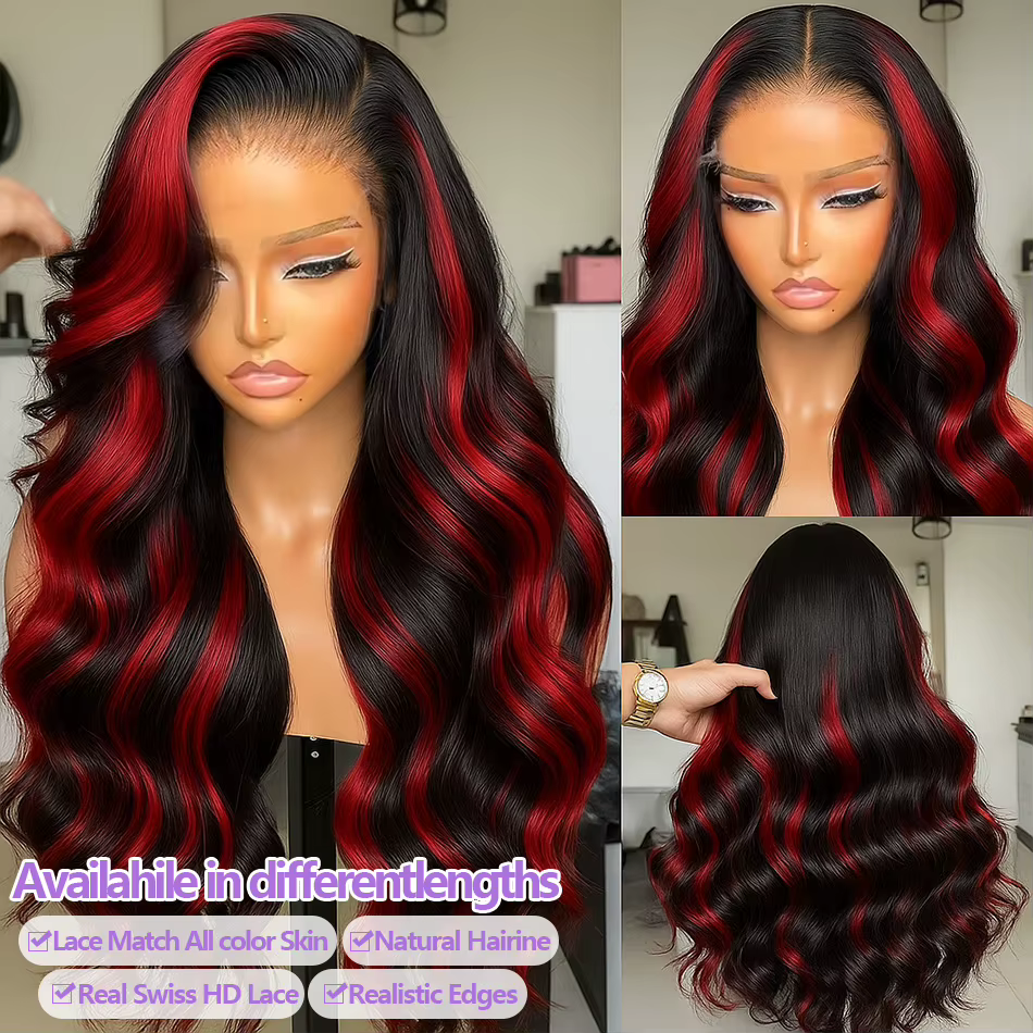 30 pouces noir rouge Blonde perruques cheveux humains bordeaux vague de corps dentelle 1B/99J sans c