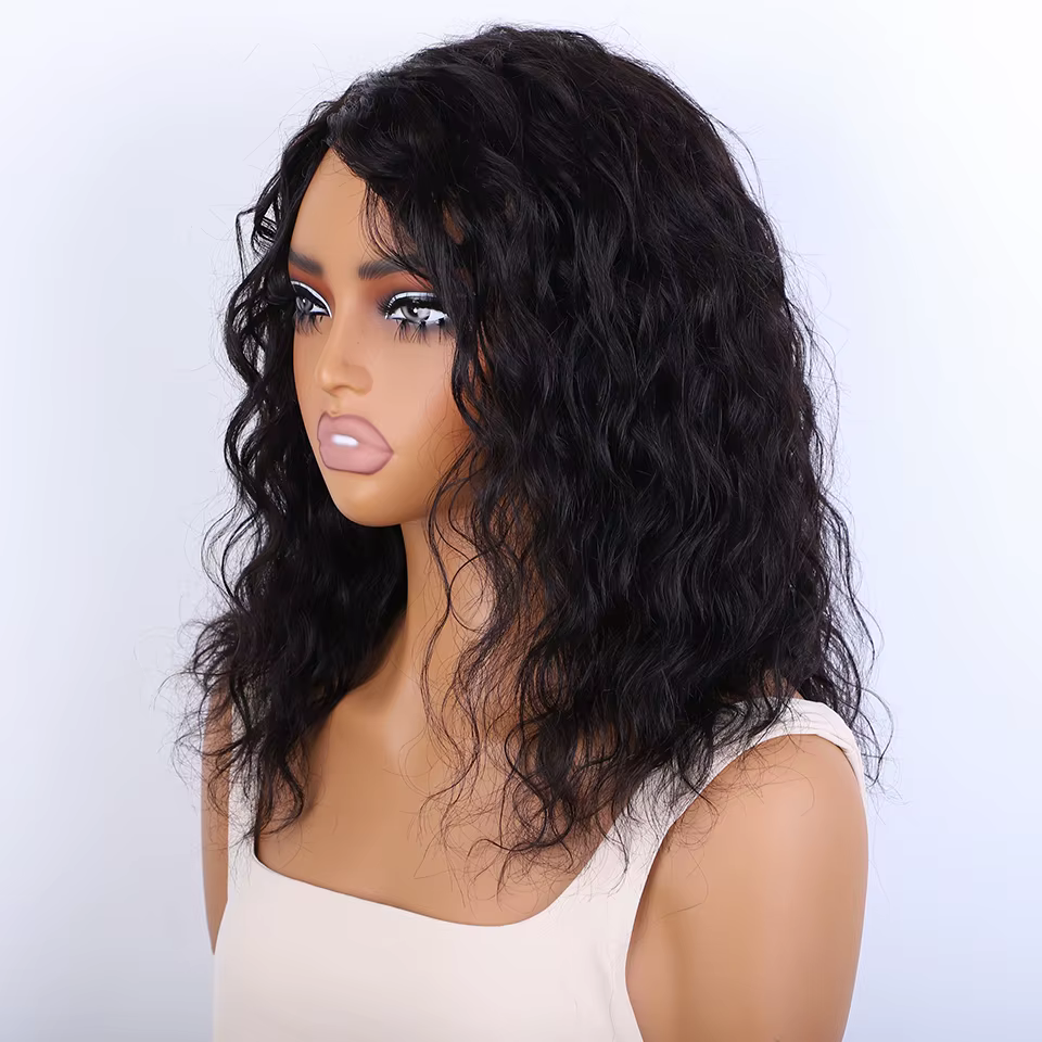 Grande perruque bob bouclée sans colle, marron mélangé blond, avec frange, en cheveux humains, avec