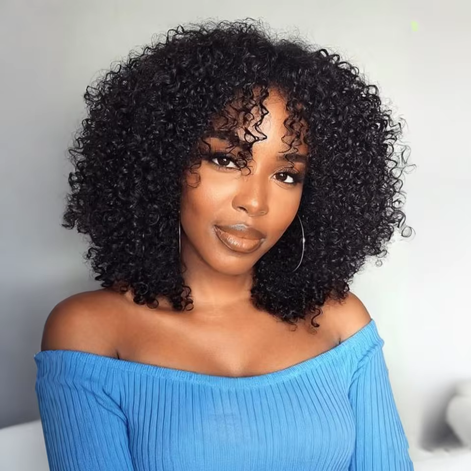 Perruques Bob Courtes Bouclées Brunes en Cheveux Humains, Perruques Afro Bouclées avec Frange, Perru